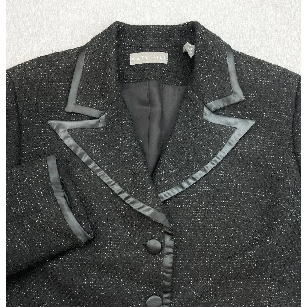 Kate Hill‎ Blazer Womens 10 Black Stretch 3-Button Lined Jacket